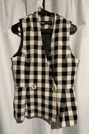 Zara Gingham Check Vest Size M Black White Tweed Waistcoat thumbnail 1