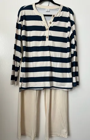 Cream Wide-Leg Pants with Navy Stripe Top — Casual Two-Piece Set thumbnail 1
