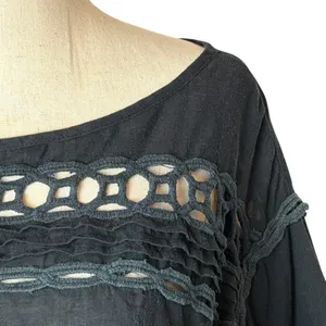 Pam &‎ Gela Shirt Women Small Black Cotton Crochet Lace Top Boho Peasant Gothic thumbnail 7