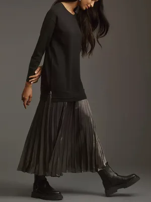 Anthropologie Women’s Twofer Black Knit Oversized Sweater Pleated Midi Dress S thumbnail 1