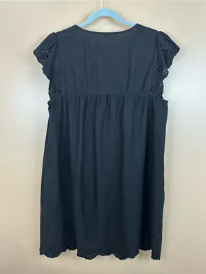 Old Navy Black Linen Blend Eyelet Lace Flutter Sleeve Empire Swing Dress Large thumbnail 8