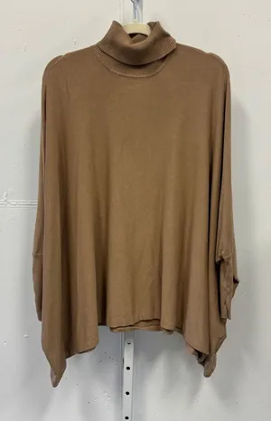 Alfani Turtleneck Batwing Sleeve Poncho Sweater Small Button Detail Tan Brown thumbnail 1