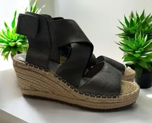 Eileen Fisher Wedge Sandals Pewter 5.5 Women Espadrille Platform Metallic Lthr thumbnail 1