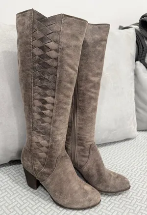 Fergalicious Taupe Suede Over-the-Knee Woven-Panel Boots Size 7.5 thumbnail 1