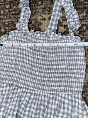 Mable Women’s Size M Blue White Gingham Smocked Tie Back Ruffle Mini Dress thumbnail 9
