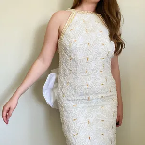Vintage 90s Pearl Beaded Wedding Gown Size 12 Back Bow Old Money Bridal Dress thumbnail 2