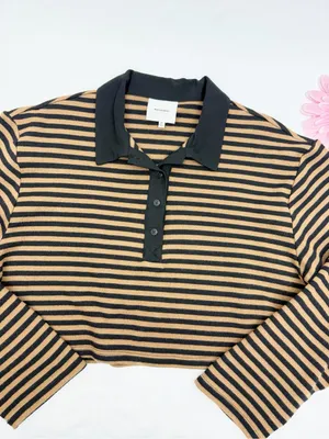 Reformation Anna Rugby Shirt Black And Tan Stripe Extra Large Crop Polo Sporty thumbnail 6