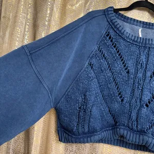 Free People Navy Blue Sweetness Sweatshirt Cropped Knit Slouchy Large thumbnail 3