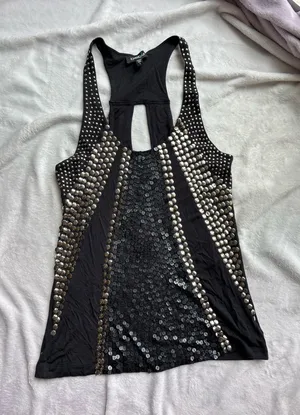 BeBe Black Studded Sequin embellished Racerback Tank Top with Sequin Panel thumbnail 1
