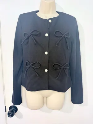 RIVIR Black Knit Jacket Size M Bow Detail Pearl Rhinestone Buttons Collarless thumbnail 2