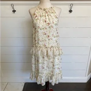 NSR‎ Floral Halter Ruffle Tiered Mini Dress Cream Pink XS CD9975 Made in USA thumbnail 6