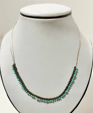 Delicate Handmade Turquoise Beads Metal Accents on Thin Gold-tone Wire Necklace thumbnail 1