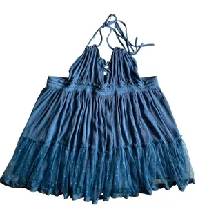 ⁠R Vivimos Blue Halter Mini Dress Size L Boho Mesh Polka Dot Tiered Babydoll thumbnail 8