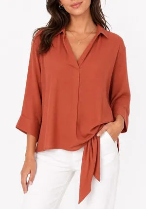 Forever 21 Contemporary Rust Terracotta Tie Back V-Neck 3/4 Sleeve Blouse Large thumbnail 1