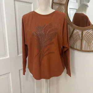 Sioni Embellished Rust Sweater XL Orange Studded Leaf Boho Autumn Western Boxy thumbnail 3