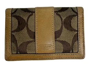 Coach Card Holder Signature Jacquard Leather Trim ID Holder Window Brown‎ Tan thumbnail 1