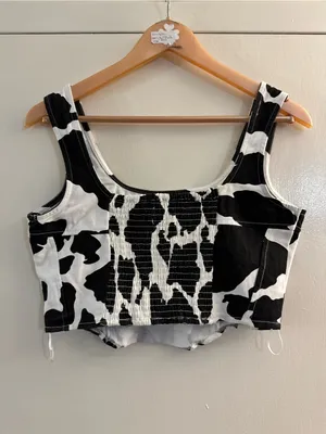 Lone Star Cow Print Scoop Neck Crop Tank Top - Black & White Cotton Medium thumbnail 3