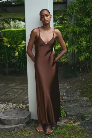 Zara Satin Slip Maxi Dress in Deep Brown Evening Wedding Party thumbnail 9