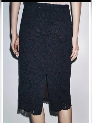 Zara‎ navy blue embroidery lace midi skirt thumbnail 3