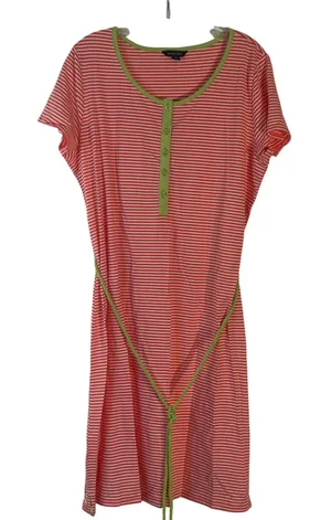 Lands End Orange White Striped Henley Dress XL 18 Short Sleeve‎ Green Belt thumbnail 1