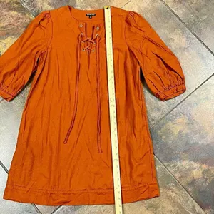 Who What Wear Burnt Orange Linen Blend Lace-Up Neckline Puff Sleeve Dress Small thumbnail 4