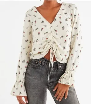 Urban Outfitters Cream Floral Ruched Drawstring V-Neck Blouse thumbnail 1