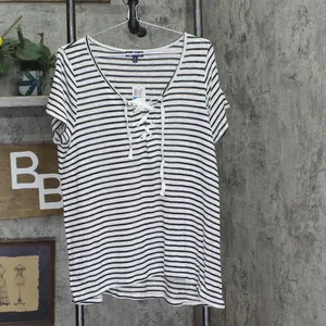 NWT Freshman Juniors Knit Striped Lace-Up T Shirt Top Black / White XL thumbnail 2