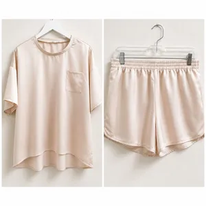 Ellison‎ Satin Pajama Set SS Top and Shorts Beige Size Large Neutral Comfy Soft thumbnail 2