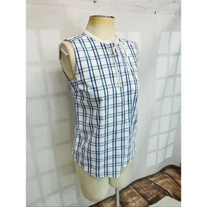 Brooks Brothers Red Fleece Blue White Plaid Sleeveless Tie Neck Blouse Top Sz 2 thumbnail 2