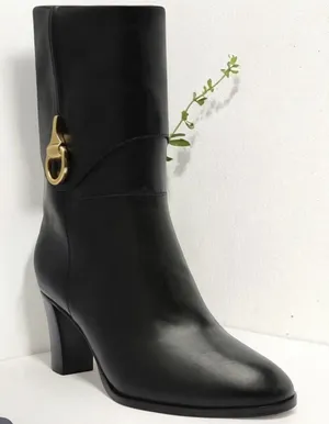 Arezzo Women's Black Leather Vivian Mid Block Rounded Toe Equestrian Size 10B thumbnail 1