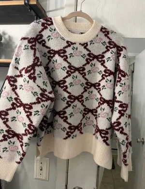 Sincerly Jules Cream Crewneck Sweater with Burgundy Chain & Pink Floral thumbnail 1