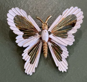 Vintage Butterfly Pin Brooch Gold Tone‎ White Enamel 2” thumbnail 1