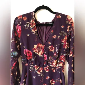 Lulus Always Yours Plum Purple Floral Print Long Sleeve Skater Dress Size L thumbnail 4