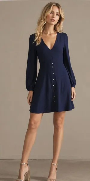 HUTCH Designer Button Front Mini Dress Navy Long Sleeve V-Neck Womens Sz S 4 thumbnail 1