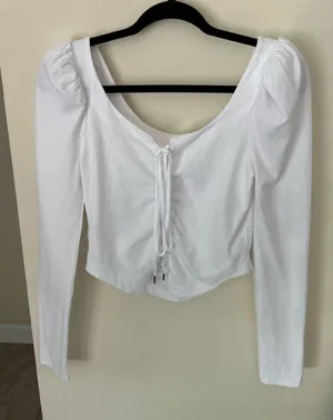 Free people willow white boho corset lace up crop cotton long sleeve top M thumbnail 1