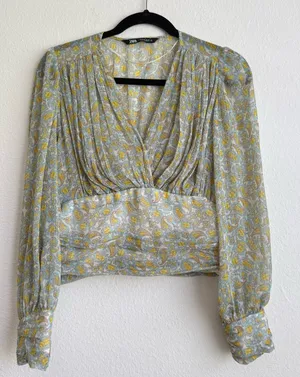 Zara Yellow & Blue Paisley Long Sleeve Top thumbnail 1