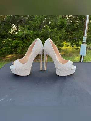 Steve Madden Silver Crystal Peep-Toe Platform Heels Sz 6 see pics for condition thumbnail 5