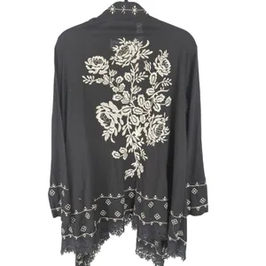 Boho Embroidered Blouse Black Flowy Open Beach Kimono Vacation Career Medium thumbnail 2