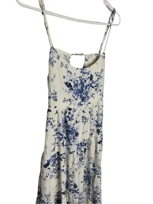 🌸 Lulus‎ Mykonos Mood Ivory Floral Print Tie Strap Tiered Midi Dress Size M 🌸 thumbnail 4