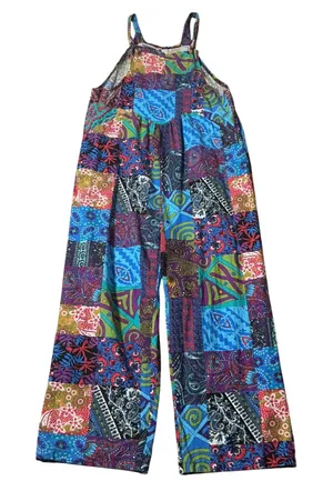 Boho Patchwork Wide Leg Festival Jumpsuit Multi Color Paisley Floral Print‎ Sz M thumbnail 1