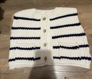ILLA ILLA White Knit Cardigan with Navy Stripes thumbnail 1