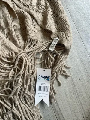 Beige Open-Knit Fringe Women's Sweater Cardigan thumbnail 2