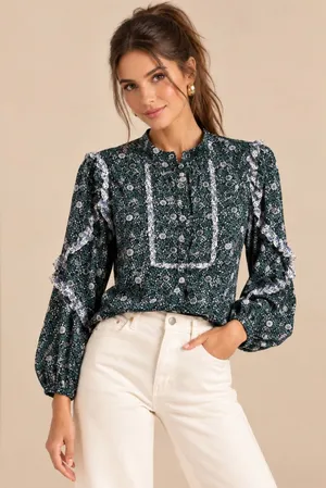 J.Crew Green Ditzy Floral Ruffle Trim Button Front Yolk Long Sleeve Blouse Small thumbnail 1