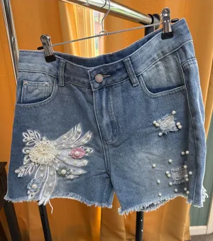 Embellished Denim Shorts - Light Blue with Pearls thumbnail 1