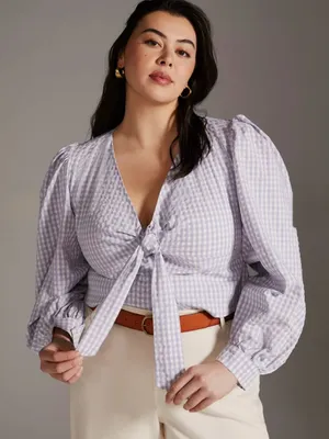 Maeve Anthropologie Cropped Gingham Bow Blouse Lavender Sz 14 Cottage Coastal thumbnail 1