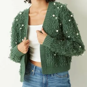 Mighty Fine Womens Loopy Green Pearl Knit Short Cardigan Sweater 2X thumbnail 1