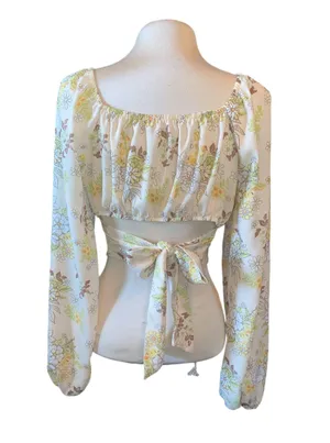 crop top blouse long sleeve square neck ties in back padded Sz large thumbnail 2