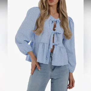 NWOT PRETTYGARDEN Babydoll Peplum Blouse Shirt Puff Long Sleeve Bow Tie Front XL thumbnail 2