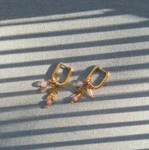Gold dainty earring with pink charms leaves removable multiway to wear them thumbnail 4