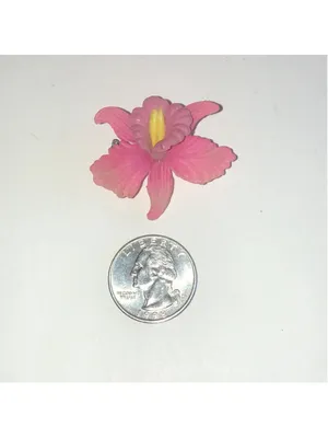 Vintage Pink Orchid Flower Brooch with Yellow Center thumbnail 4